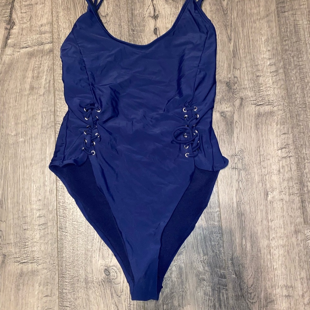 Dark blue high cut one piece swimsuit